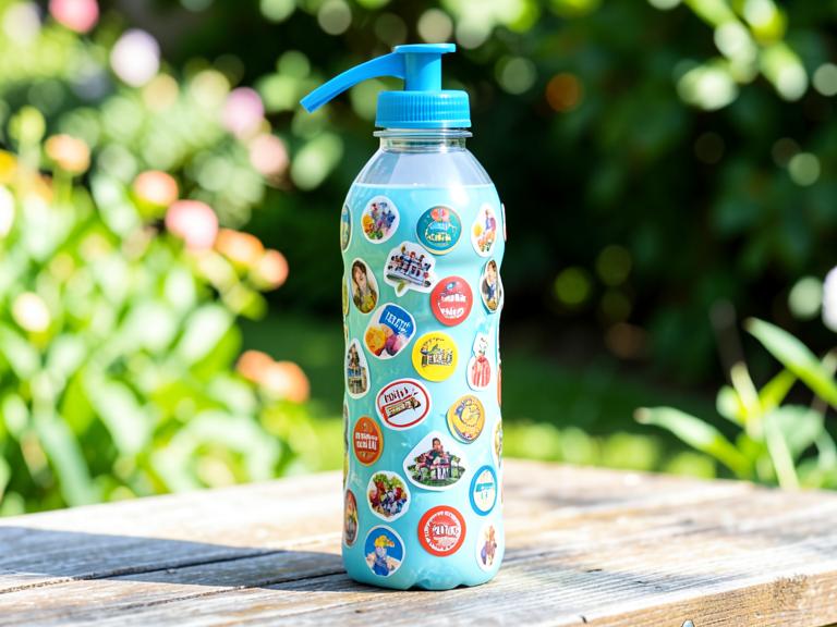 Water bottle covered in small die-cut stickers