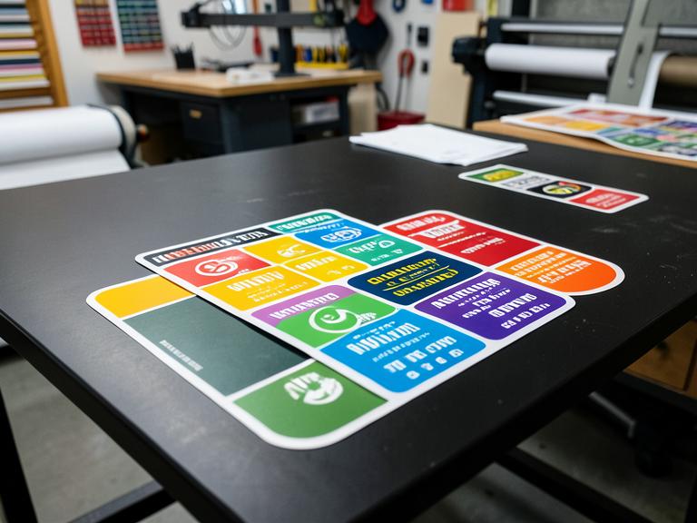 Weatherproof bumper stickers in a print shop