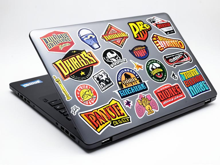 Laptop covered in colorful custom vinyl stickers