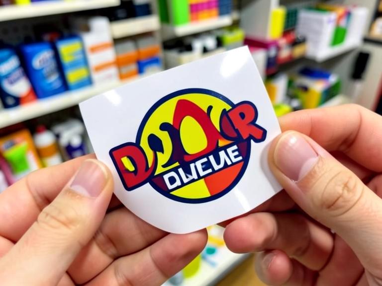 Glossy die-cut logo sticker being peeled from its backing