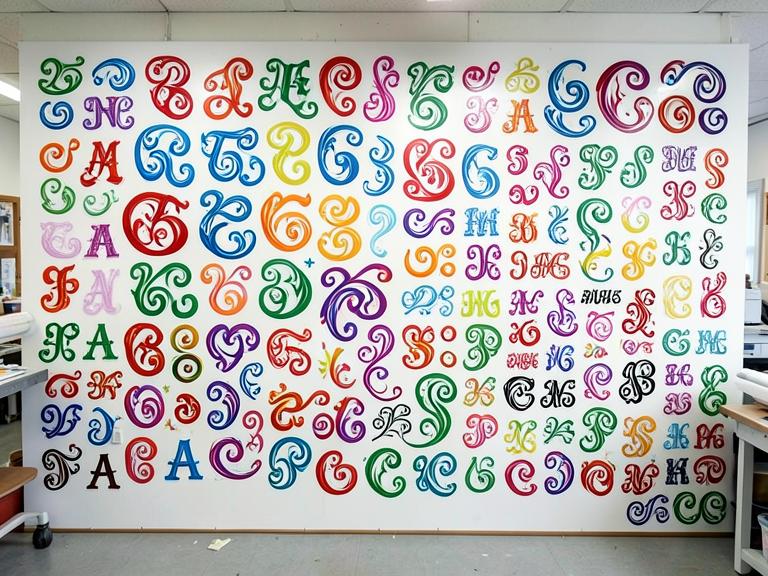 Wall of colorful vinyl decal lettering samples