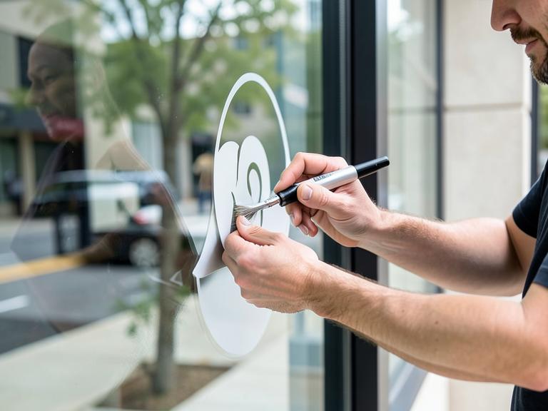 Custom vinyl window decal being installed
